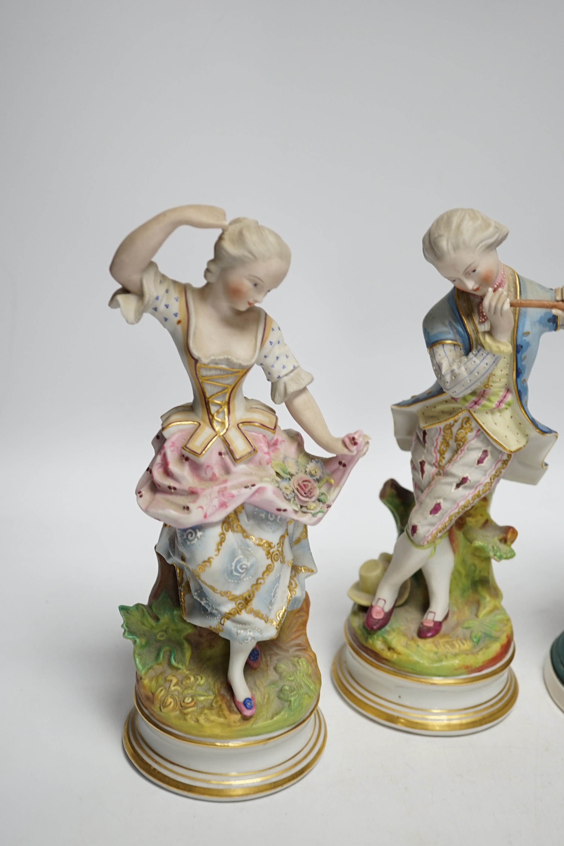 Three French coloured bisque figures, tallest 27cm